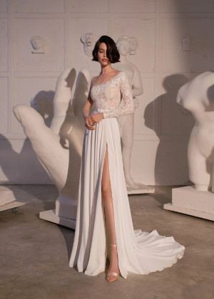 Beaded Ivory Lace Chiffon High Slit Wedding Dress